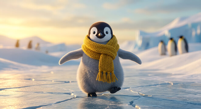 3D Illustration of Cute Baby Penguin Wearing Yellow Knit Scarf
