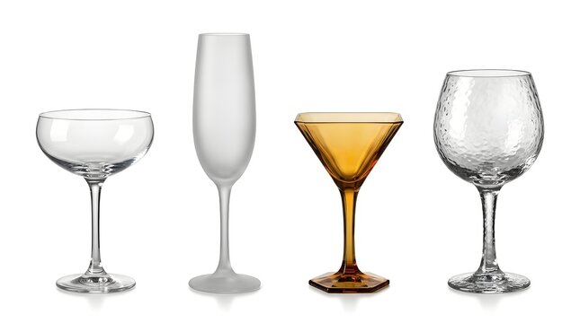 Assortment of elegant glassware including champagne flute martini and wine glasses