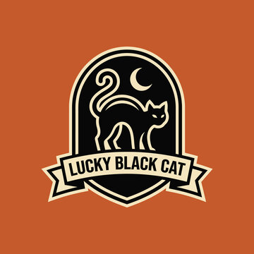 Vintage Lucky Black Cat emblem badge logo design with crescent moon and ribbon banner on orange background