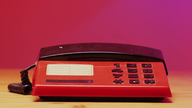 Red retro vintage phone telephone ringing off on table, close up macro 90s mobile retro smartphone.
