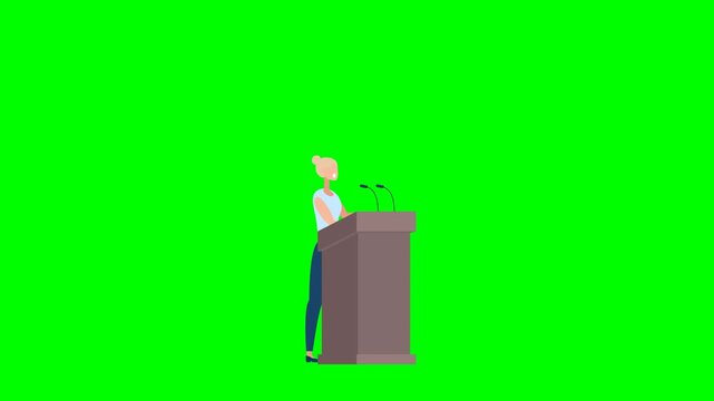 Blond businesswoman speaker giving speech at tribune podium. Public speaking presentation, corporate lecture conference, politician report, training coaching seminar. 2d flat animation. Alpha channel