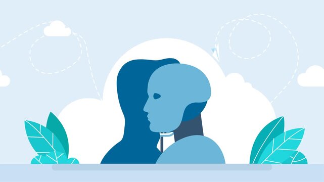 Artificial intelligence technology. Human and robot conducting discussion on public debates. AI technology. Debate. A human and a robot are talking into a microphone. 2d flat animation. Video