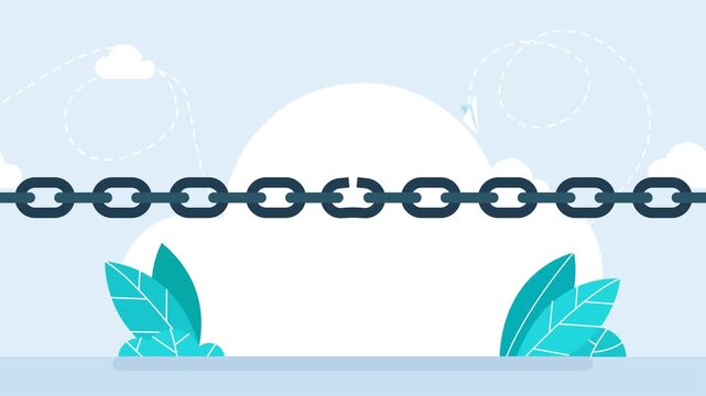 Black broken chain. Broken or unleashed black chain like freedom icon. A weak link. Concept of lost control sign or system vulnerability or security risk. 2d flat animation