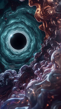 Abstract celestial vortex of swirling colorful cosmic gas and viscous fluid clouds surrounding black hole void for futuristic space exploration background design.