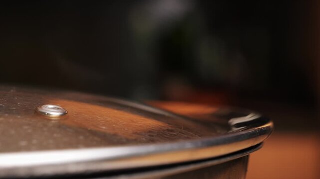 Stainless steel pot on a gas stove with boiling water and steam, cooking soup