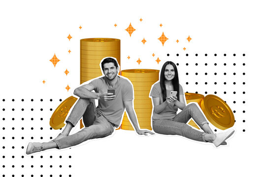 Creative trend collage of&nbsp;young couple ecommerce pay golden coins traders earning money rich&nbsp;unusual fantasy billboard comics