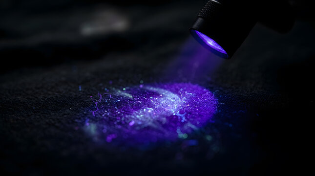 Ultraviolet UV light flashlight revealing invisible trace evidence, fluorescent fibers, and forensic forensic particles glowing in dark on textured fabric surface for criminal investigation concept