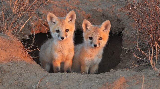 Two Adorable Fox Kits Cautiously Emerging from Their Den Entrance at Sunset