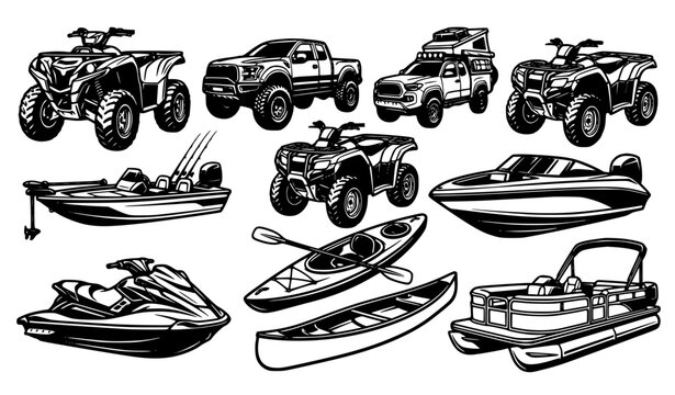 Outdoor Adventure ATV Truck Boat and Watercraft Vector Illustration Collection