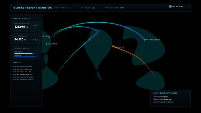 Global Freight Monitor Interface Showing Logistics Network and Real Time Shipment Tracking Analytics
