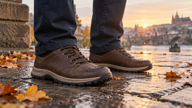 Rutschfeste Schuhe auf nassem Herbstpflaster
