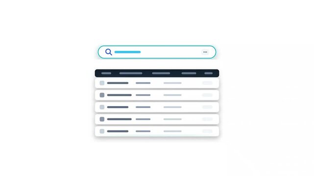 Minimal UI animation of a search bar and populating data table. Ideal for software and business tech visuals.