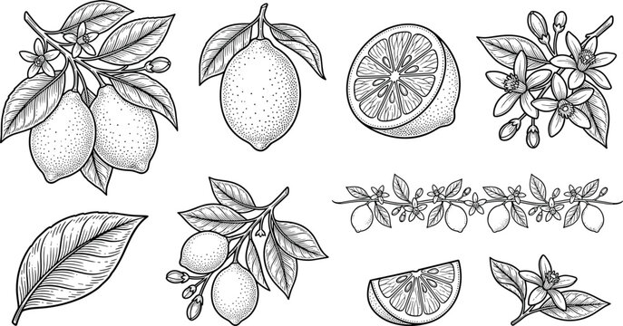 Vintage engraved lemon fruit set with blooming citrus flowers slices leaves and branches isolated vector illustration design