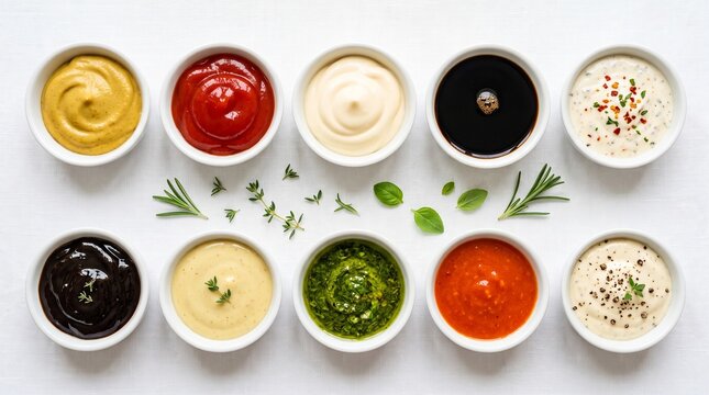 Assorted bowls of colorful sauces and broths with herbs