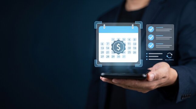 Businessman holding smartphone with digital calendar and financial payment icons, recurring payment concept, subscription service