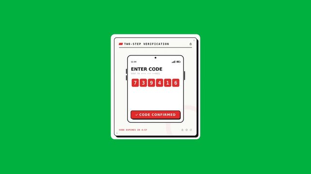 Two-Factor Authentication OTP Code Verification UI Animation on Smartphone with Swiss Design on Green Screen