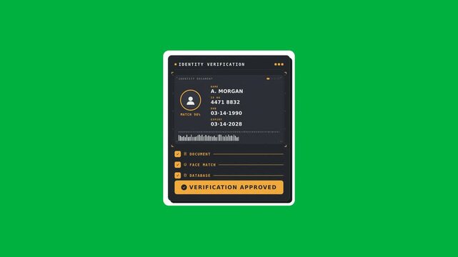 KYC Identity Verification UI Animation with Document Scanning, Face Match and Approved Badge on Green Screen