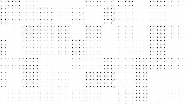 White corporate abstract background dots and grid with flickering digital block array, minimalist black dot matrix halftone pattern, clean modern technology business presentation background.