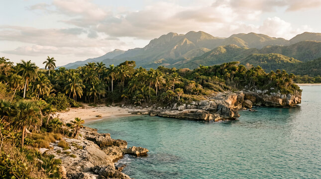 scenic caribbean coastal view with rocky shore, sandy beach, and green mountains