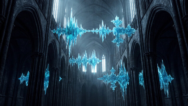 Floating blue crystal sound waves suspended inside a dark ancient stone cathedral architectural interior space