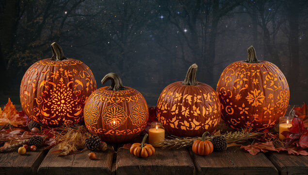 Intricately carved patterned pumpkins glowing with candlelight on a wooden table halloween candlelight jackolantern seasonal celebration background decorative handmade intricate creative
