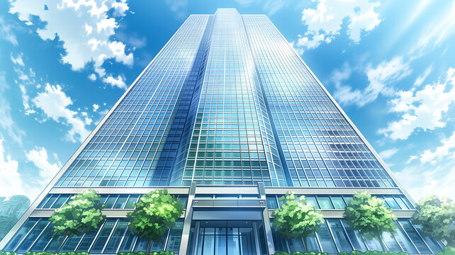 青空を背景に見上げる高層オフィスビルのアニメ風イラスト