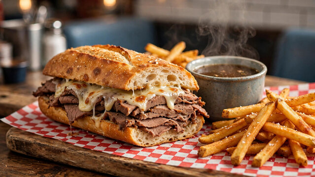French dip roast beef sandwich with au jus at sandwich shop