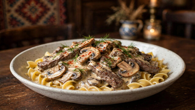Classic beef stroganoff with egg noodles at Eastern European restaurant