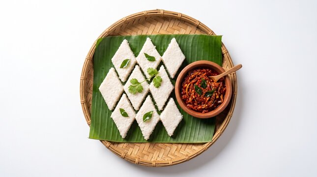 High-resolution commercial food photograph of authentic Sri Lankan kiribath, or white milk rice, cut into neat diamond-shaped pieces and arranged on a fresh green banana leaf inside a traditional roun