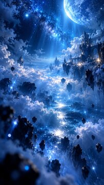 月光に浮かぶ天空都市と幻想の青い世界