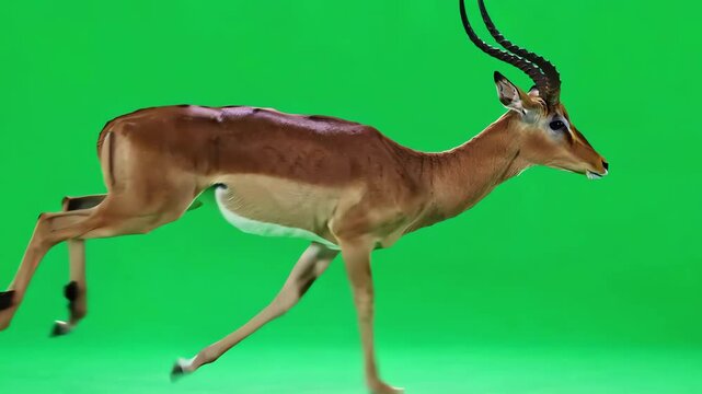 Majestic African antelope running at full speed against a bright green screen background for easy keying