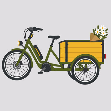 Modern electric cargo tricycle bike for urban green delivery with wooden box and flowers flat vector illustration