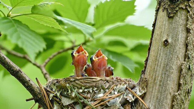 Two hungry baby birds opening their beaks in a nest waiting for food