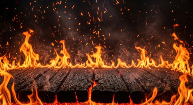 Inferno flames consuming charred wooden structure amidst dark sky