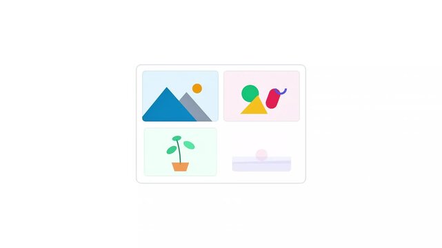 Minimalist 2D animation showing a blue digital folder opening to reveal a grid of four colorful image thumbnails on a white background.