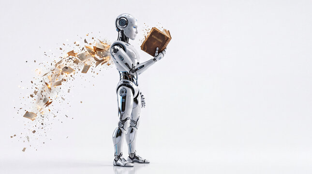Robot With Antique Book Disintegrating in White Space