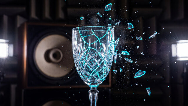 Cracked glass wine goblet shattering into blue shards in front of a speaker with fragments while standing