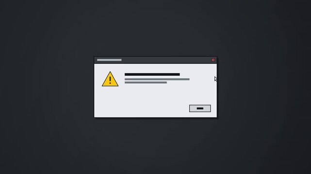 Generic computer system error or warning message popup window with yellow exclamation mark icon on dark background, mouse cursor clicking ok button to close alert notification, minimalist 2D