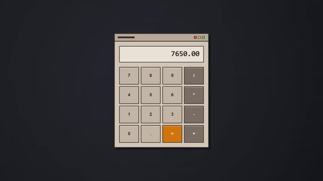 Retro style flat animation of a digital calculator interface window with changing numeric values and decimal points on a dark background, ideal for business, accounting, and financial concepts.