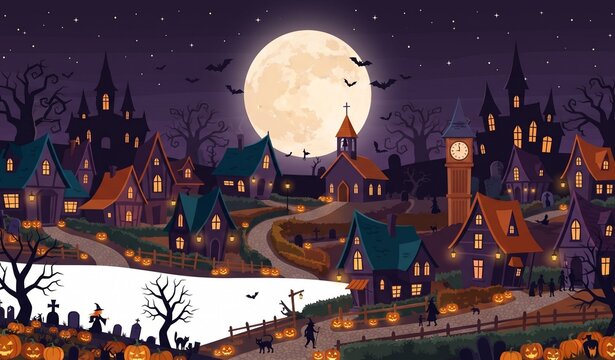Haunted Halloween Village Panorama with Gothic Cottages, Moon and Flying Bats