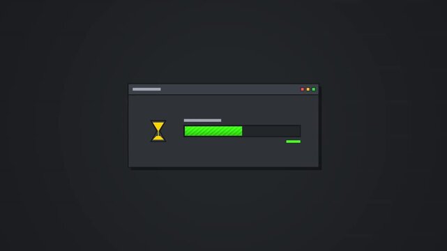 Minimalist animated loading progress bar with green striped indicator and yellow hourglass icon inside a dark user interface window, visualizing software update, data transfer, or installation.