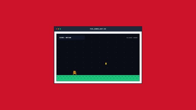 Retro 8-Bit Pixel Art Platformer Game Interface with Small Character Running and Collecting Gold Coins on a Vibrant Red Background, Minimalist Software Window UI for Indie Game Development Concept.