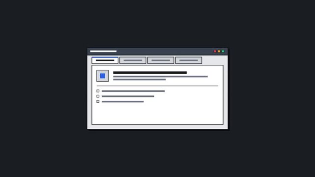 Minimalist Flat Design Animation of a Web Browser Interface showing Navigation through Tabs and Content Placeholders on a Dark Background for Software Development and UX Design Concepts.