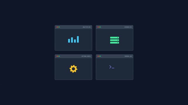 Abstract minimalist flat design animation of software development dashboard icons featuring data analytics charts, database storage, system settings gear, and command line terminal prompt