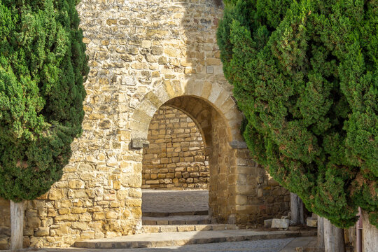Torreon del Portillo del Santo Cristo archway featuring old stone walls and surrounding green cypress trees, providing a view into a historic passage in Ubeda