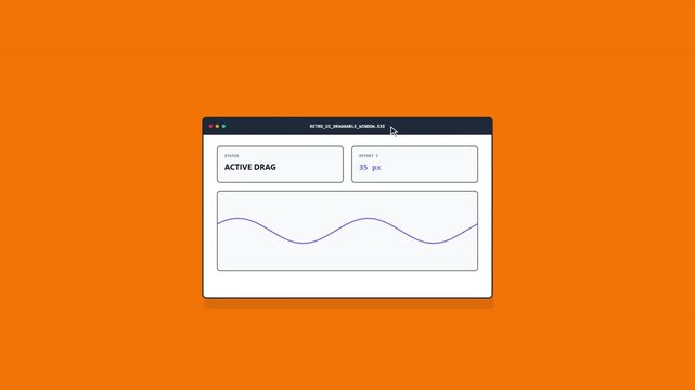 Animated minimalist user interface design illustrating active drag interaction with a blue sine wave graph and pixel offset data display on a vibrant orange background for tech concepts.