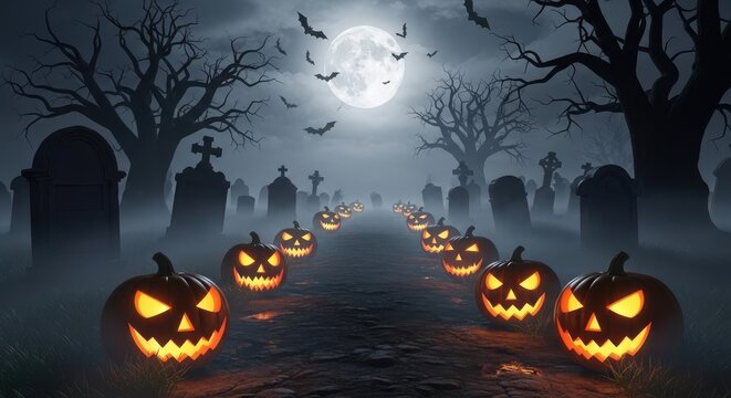 Halloween jack-o'-lanterns lit under a full moon in a spooky forest path