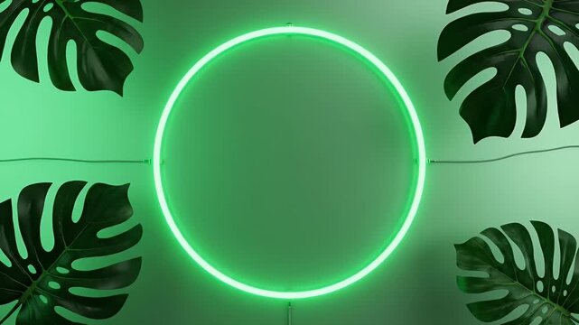 Glowing Neon Green Ring Surrounded by Tropical Monstera Leaves in Lush Backdrop