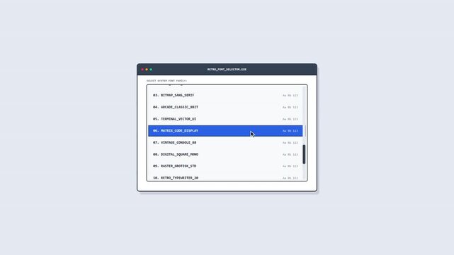 Minimalist User Interface of a Retro Font Selection Tool Featuring Pixel and Arcade Style Typography Options on a Clean Window for Graphic Design and Software Development Concepts
