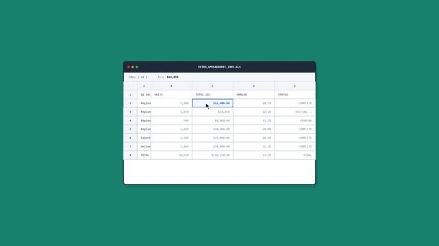 Minimalist Animation of a Business Spreadsheet Interface Displaying Retail Sales Data, Units Sold, and Profit Margins on a Clean Green Background for Corporate Financial Analysis Concepts.